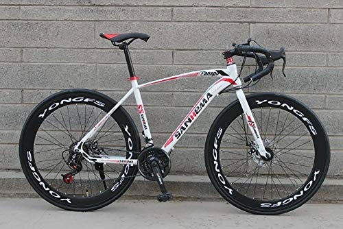 Road Bike : Road Bike Adult, Men 700C Wheels Racing Bicycle With Dual Disc Brake, High Carbon Steel Frame, City Hybrid Bikes For Women Men, 26 Inch-White Red
