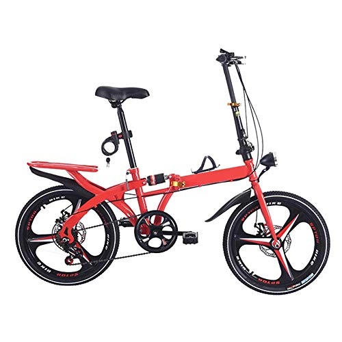 Road Bike : Saturey Folding Mountain Bike, Lightweight 6-Speed Folding Bike with Fenders Anti-Slip Loop Folding Bicycle, Red, 20in