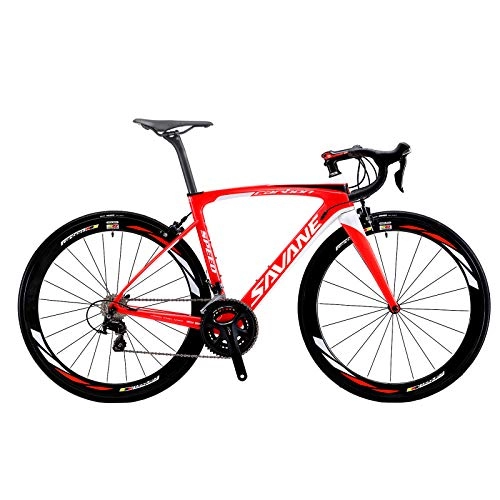Road Bike : SAVADECK Herd6.0 Carbon Road Bike T800 Full Carbon Fiber 700C Racing Bike with Shimano 105 R7000 22 Speed Groupset and 3K Carbon Clincher Wheelset Ultralight Road Bicycle (Red White, 520mm)