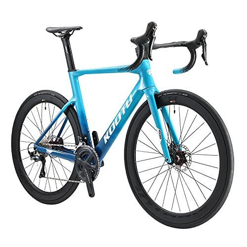 Road Bike : SAVADECK-KOOTU Carbon Road Bike, 700C Full Carbon Fiber Bicycle Fully Integrated Inner Cable with Shimano R8070 Hydraulic Disc Brake and Ultegra R8000 22 Gears Fizik Sattle (Blue, 51cm)