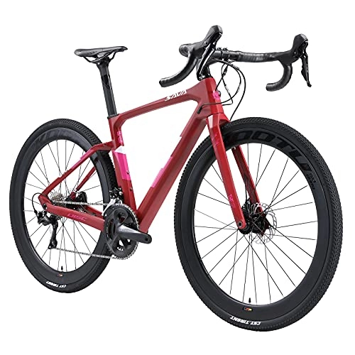 Road Bike : SAVEDECK Carbon Gravel Road Bike, 700CX40C Carbon Trail Gravel Road Bike with Shimano Hydraulic Disc Brake R8070 and Ultegar R8000 22 Gears and Carbon Fiber Impeller Bicycle (Black-Red, 51cm)