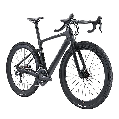 Road Bike : SAVEDECK Carbon Gravel Road Bike, 700CX40C Road Bike Carbon Trail Gravel with Shimano Hydraulic Disc Brake R8070 and Ultegar R8000 22 Gears and Carbon Fiber Impeller Bicycle (Black, 54cm)