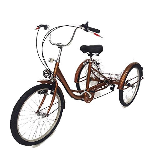 Road Bike : SHIOUCY 24"3 Wheel Adult Tricycle with Lamp, 6 Speed Bike Trike, Gold Basket Tricycle Pedal Cart Cargo Bicycle