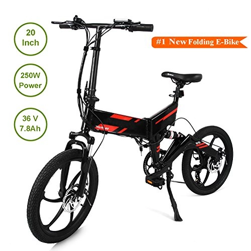 Road Bike : Simlive 20 Inch Electric Folding Bike 7 Speed 250W Electric Bicycle Adult E-Bike (Red)