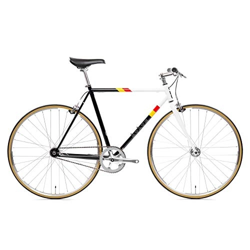 Road Bike : State Bicycle Co. Unisex's Van Damme Fixed Gear / Single Speed Bike, 62cm Riser Bar, Black & White with Red & Yellow Stripes, 62 cm