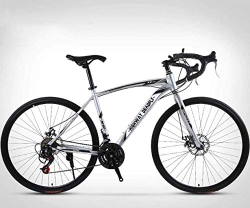 Road Bike : SXXYTCWL 26-Inch Road Bicycle, 24-Speed Bikes, Double Disc Brake, High Carbon Steel Frame, Road Bicycle Racing, Men's and Women Adult-Only 6-6, White jianyou (Color : Silver)