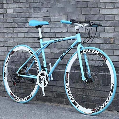 Road Bike : TRonin Men's And Women's Road Bicycles 24-Speed 26-Inch Bikes Adult-Only High Carbon Steel Frame Road Bicycle Racing Wheeled Double Disc Brake Bicycles, Blue and white