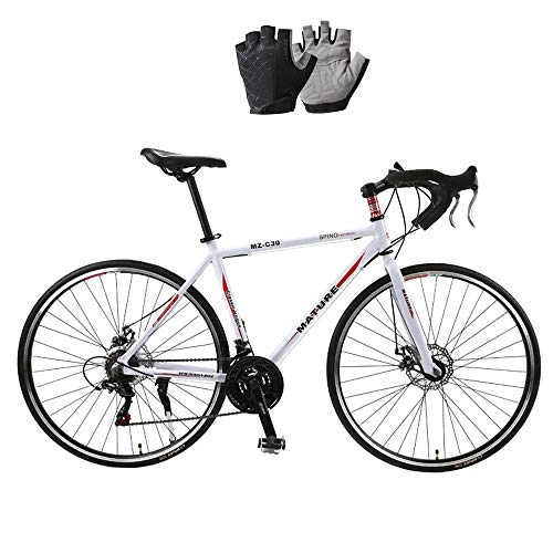 Road Bike : VOAOV Adult Road Bike, Men Racing Bicycle with Dual Disc Brake, Aluminum Alloy Frame Road Bicycle, City Utility Bike, White Red Painted Body, 27 Speed Exquisite Gloves*1
