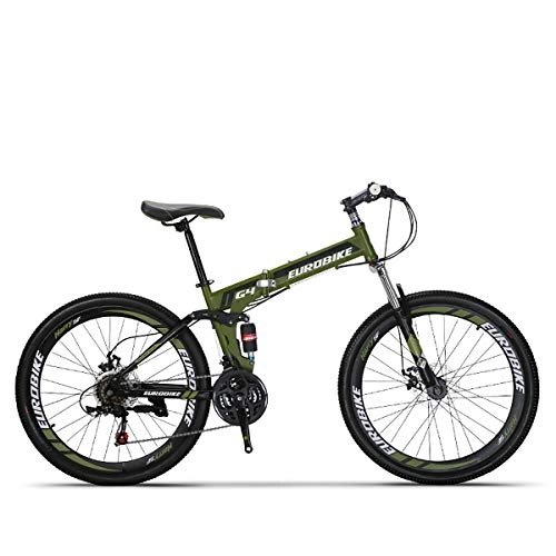 Road Bike : W&TT 26 Inch Folding Mountain Bike 21 / 27 Speeds Dual Disc Brakes Shock Absorber Bicycle High Carbon Soft Tail Adults Bicycle, Green, 21speed