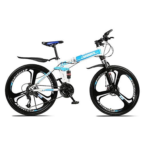 Road Bike : W&TT Folding Mountain Bike Adults High Carbon Soft Tail Off-road Bicycle 21 / 24 / 27 / 30 Speeds Dual Disc Brakes Bike 24 / 26 Inch, White, 24Inch30S