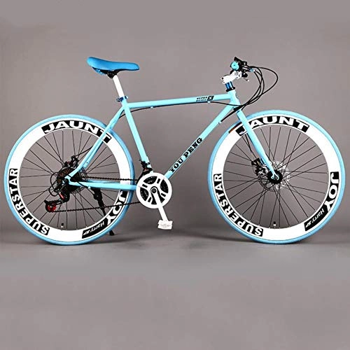 Road Bike : WYN Bicycle Fixed Gear Road Bike Speed Double Disc Brakes Men and Women Wheel sStudent Adult, Light color, 21speed