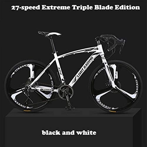 Road Bike : WYN Speed Road Bicycle Dead-Flying Front and Rear Mechanical Disc Brake Three-blade wheel Solid Tire Student Adult, black and white, 49cm(160cm-185cm)