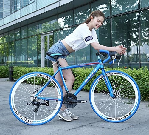 Road Bike : XRQ Aluminum Road Bike 700C Bending Handlebar Variable Speed Bicycle Road Racing Adult Double Disc Brake Road Bike Bicycle for Men And Women, Blue
