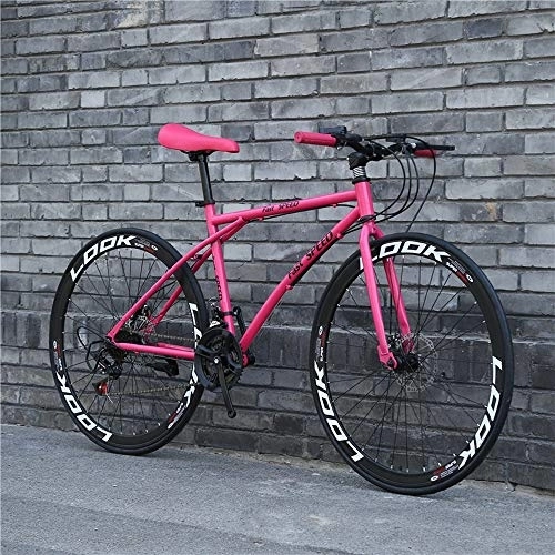 Road Bike : XSLY Men's And Women's Road Bike, 24-Speed 26-inch High Carbon Steel Frame Adult Road Bicycles, Double Disc Brake Cycling Racing, Outdoors Wheeled Road Mountain Bike Bicycle 168x95cm (Color : Pink)