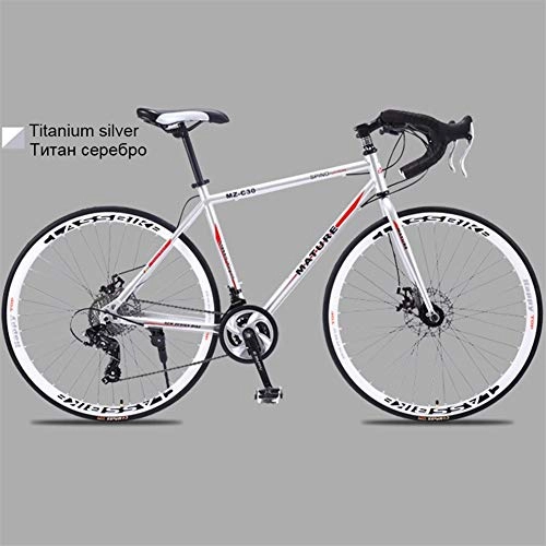 Road Bike : ZHTX 700C Aluminum Alloy Road Bike 21 27 30 And 33 Speed Road Bicycle Two-Disc Sand Road Bike Ultra-Light Bicycle (Color : Titanium silver, Size : 27Speed)