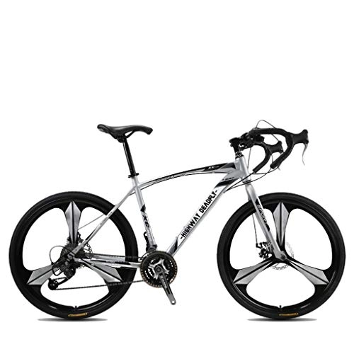 Road Bike : ZXLLO Steel Frame Road Bike City Road Bike 3 Spoke 27 Speed Derailleur System and Dual Disc Brake, Silver