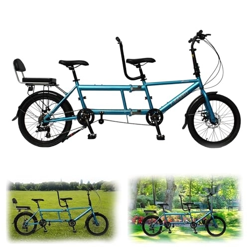 Tandem Bike : Foldable Tandem Beach Cruiser Bike, Tandem Bike for Cycling, City Tandem Adult Folding Bicycle, 20" Wheels, Three Seater, 7-Speed Adjustable, Size 210x35x110cm / 110x35x62cm, Maximum Load 200kg blue