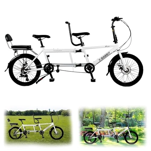 Tandem Bike : Foldable Tandem Beach Cruiser Bike, Tandem Bike for Cycling, City Tandem Adult Folding Bicycle, 20" Wheels, Three Seater, 7-Speed Adjustable, Size 210x35x110cm / 110x35x62cm, Maximum Load 200kg white