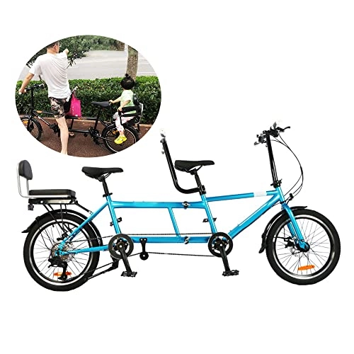 Tandem Bike : jianpanxia Tandem Adult Beach Cruiser Bike, Classic Bike, Adult Folding Bicycle with Three Seater, 20-Inch Wheels, 7-Speed, Maximum Load 200kg, Size 210x35x110cm, Folded Size 110x35x62cm, blue