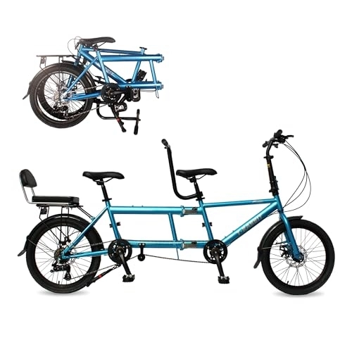 Tandem Bike : LAYIQDC Tandem Bike, Foldable Three-Person Bike, Family Bike Suitable for Two Adults and One Child, High Carbon Steel Material, Rust-Resistant and Durable (Blue)