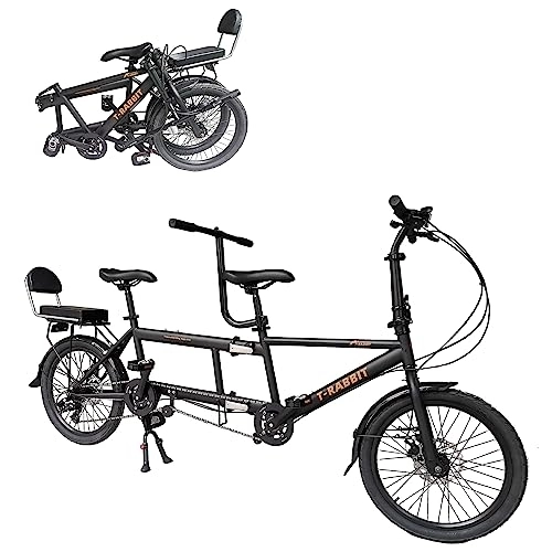 Tandem Bike : Tandem Bike for Cycling, Classic Adult Beach Cruiser Bike, 20-Inch Wheels City Folding Bicycle, Three Seater, 7-Speed Adjustable, Maximum Load 200kg, Size 210x35x110cm / 110x35x62cm, Black, One Size