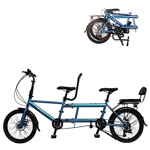 Tandem Bike : VZADGWA Tandem Bike 20-inch Folding City Tandem Bicycles Twinn, Foldable Tandem Adult Beach Cruiser Bike with Adjustable 7 Speeds, 2-Seater & Disc Brake, Blue