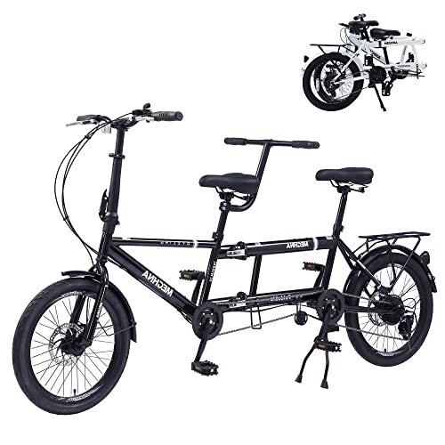Tandem Bike : VZADGWA Tandem Bike 20-inch Folding City Tandem Bicycles Twinn, Foldable Tandem Adult Beach Cruiser Bike with Adjustable 7 Speeds, 2-Seater & Disc Brake, CE FCC CCC, Black