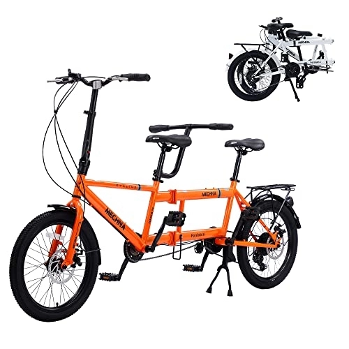 Tandem Bike : VZADGWA Tandem Bike 20-inch Folding City Tandem Bicycles Twinn, Foldable Tandem Adult Beach Cruiser Bike with Adjustable 7 Speeds, 2-Seater & Disc Brake, CE FCC CCC, Orange