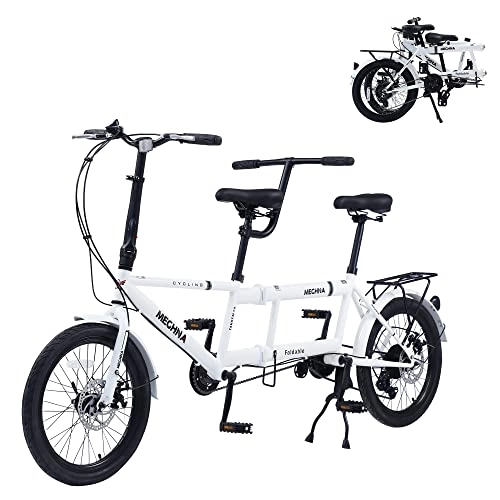Tandem Bike : VZADGWA Tandem Bike 20-inch Folding City Tandem Bicycles Twinn, Foldable Tandem Adult Beach Cruiser Bike with Adjustable 7 Speeds, 2-Seater & Disc Brake, CE FCC CCC, White