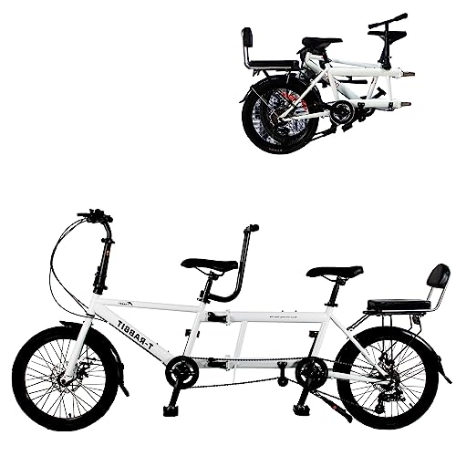 Tandem Bike : VZADGWA Tandem Bike 20-inch Folding City Tandem Bicycles Twinn, Foldable Tandem Adult Beach Cruiser Bike with Adjustable 7 Speeds, 2-Seater & Disc Brake, White
