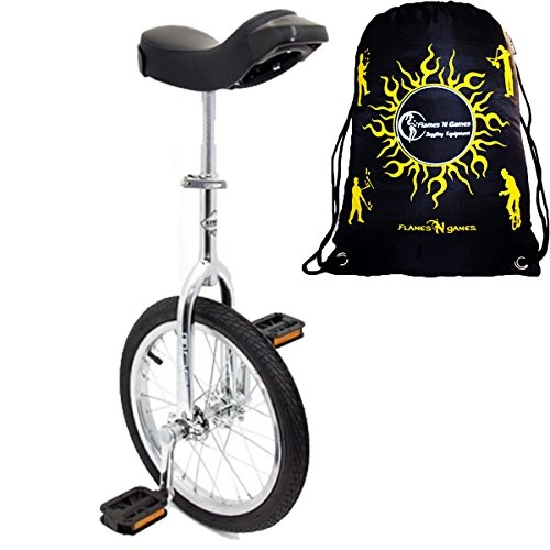 Unicycles : Indy Unicycles 16" Kid's Trainer Unicycle In Chrome For Kids + Small Adults + Flames N' Games Travel Bag!