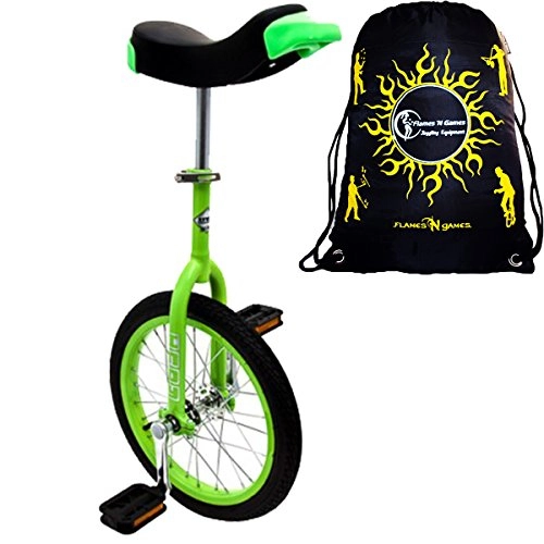 Unicycles : Indy Unicycles 16" Kid's Trainer Unicycle In Green For Kids + Small Adults + Flames N' Games Travel Bag!
