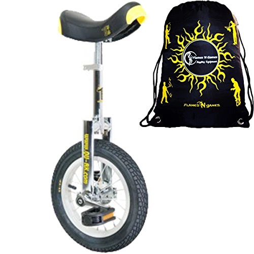Unicycles : Qu-Ax Unicycles 12" Luxus Kid's Trainer Unicycle In Black / Yellow For Kids + Young Adults + Flames N' Games Travel Bag!