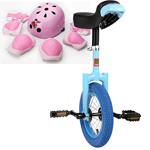 Unicycles : Small 12 Inch Wheel Unicycle for Beginners Kids, Adjustable Height Mountain Cycling Bike Unicycles with a Set of Protective Gear (Color : Blue, Size : Pink Protective Gear)