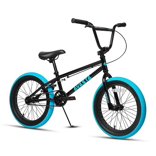 BMX : AVASTA18 Zoll Kinderfahrrad Freestyle BMX Fahrrad für 5 6 7 8 Jahre alt Jungen Mädchen und Anfänger, Schwarz mit blauen Reifen