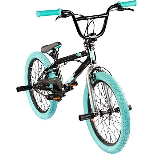 BMX : deTOX Rude 20 Zoll BMX Fahrrad Bike Freestyle Street Park Rad Modell 2019 Anfänger ab 140 cm 4 x Stahl Pegs 360° Rotor (schwarz / türkis)