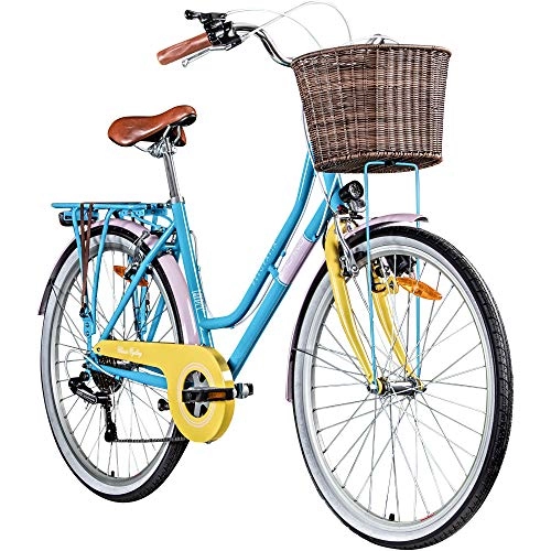City : 26 Zoll Cityrad Galano Belgravia 6 Gang Damenfahrrad Mädchenrad Citybike mit Korb (hellblau / gelb, 46 cm)