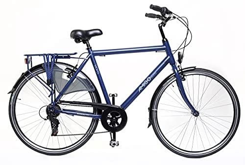 City : Amigo Moves Citybike für Herren, 28 Zoll, geeignet für 170 – 175 cm, 6 Gänge, Shimano-Schaltung, Citybike mit Handbremse, Klingel, Ständer und Licht, Blau
