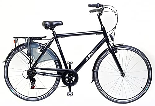 City : Amigo Moves Citybike für Herren, 28 Zoll, geeignet für 170 – 175 cm, Shimano 6-Gang-Schaltung, Citybike mit Handbremse, Klingel, Ständer und Lichter, Schwarz