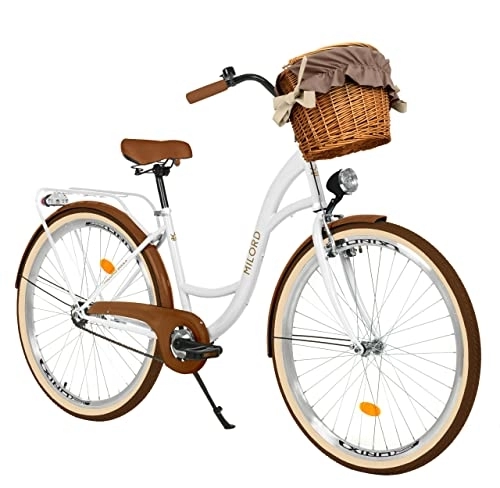 City : Balticuz OU Milord Komfort Fahrrad mit Weidenkorb Hollandrad, Damenfahrrad, Citybike, Retro, Vintage, 28 Zoll, Weiß-Braun, 1-Gang
