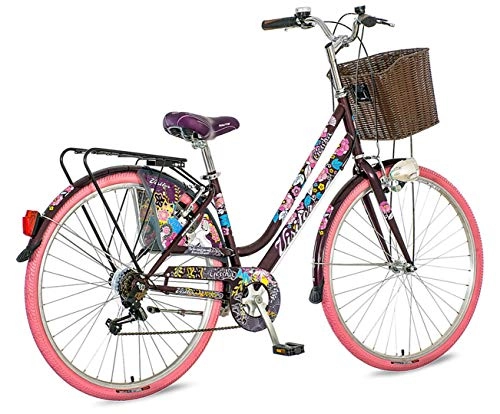 City : breluxx® 28 Zoll Damenfahrrad Venera Fashion Geisha Citybike mit Korb + Licht Retro Damenrad, 6 Gang Shimano, pink Reifen