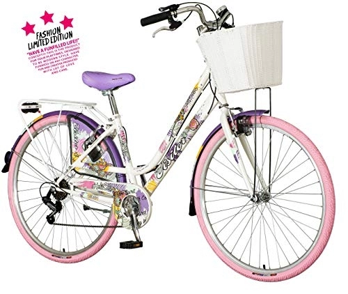 City : breluxx® 28 Zoll Damenfahrrad Venera Fashion Holi Color Citybike mit Korb + Licht Retro Damenrad, 6 Gang Shimano, rosa Reifen