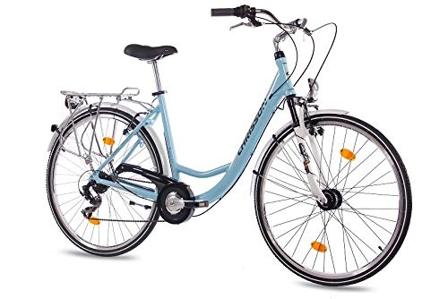 City : CHRISSON 28 Zoll Damen City Bike - Relaxia 1.0 blau - Damenfahrrad mit 6 Gang Shimano Tourney Kettenschaltung und Nabendynamo, Cityfahrrad mit Zoom Federgabel