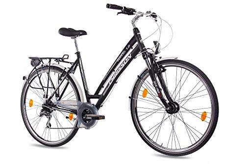 City : CHRISSON 28 Zoll Damen City Bike - Sereto 1.0 schwarz - Damenfahrrad mit 24 Gang Shimano Acera Kettenschaltung und Nabendynamo, Trekkingfahrrad mit Suntour Federgabel