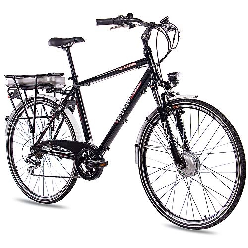 City : CHRISSON 28 Zoll E-Bike Trekking und City Bike für Herren - E-Gent schwarz mit 7 Gang Acera Kettenschaltung - Pedelec Herren mit Bafang Vorderradmotor 250W, 36V