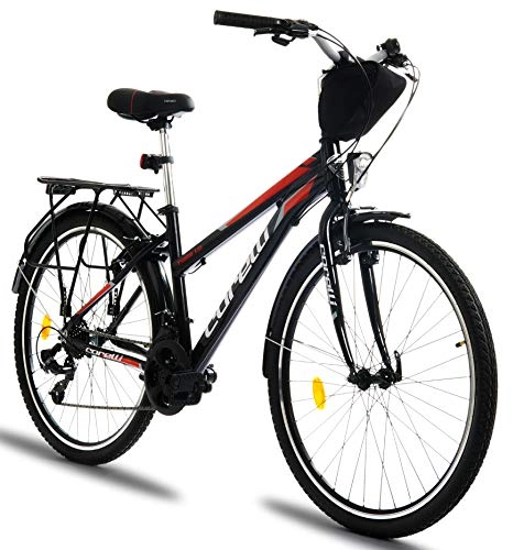 City : Corelli Tess Citybike 26 Zoll mit Aluminium-Rahmen, V-Brake, Shimano 21 Gang-Schaltung, als Damen-Fahrrad, Mädchen-Fahrrad, Kinder-Fahrrad in Schwarz / Rot.