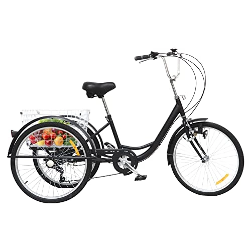 City : Dreirad für Erwachsene 24 Zoll Dreiräder 6 Geschwindigkeiten Dreirad aus Kohlenstoffstahl mit Korb und Lampe