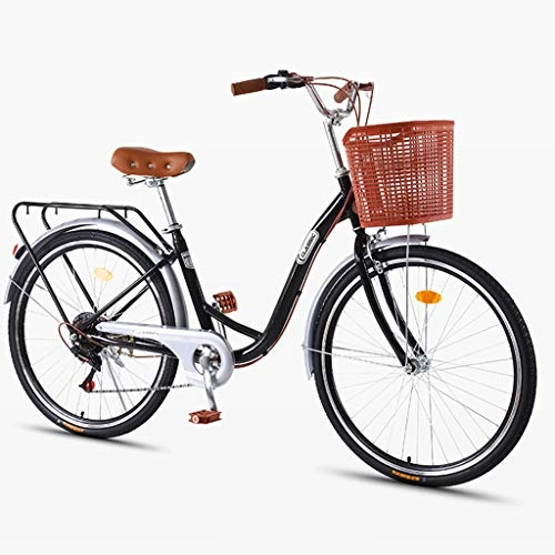 City : Fahrrad Für Erwachsene 24 Zoll 7 Geschwindigkeit Mit Korb 7-Gang-Getriebe Damen-Stadtrad Retro-Entwurf Frauenrad 16Kg