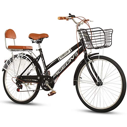 City : FXMJ 24 Zoll Komfort Fahrrad, 7-Gang Cruiser Fahrrad für Herren, Hybrid-Pendlerfahrrad für Damen mit Gepäckträger, Schwarz