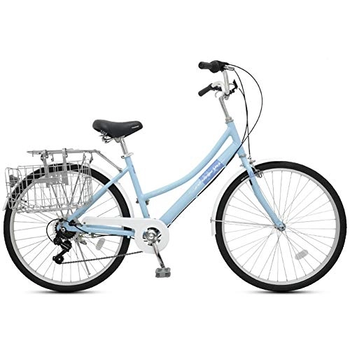 City : FXMJ Kreuzer Fahrrad, Mit verdickten Aluminiumrahmen im Retro-Stil, 7-Gang Antriebsstrang, vorderen und hinteren Kotflügeln, hinterem Gepäckträger, faltbarem Korb und 26 Zoll Rädern, Blau